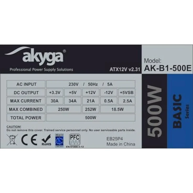 Akyga AK-B1-500E, 500W ATX Netzteil mit 3 SATA-Schnittstellen, grau – Bild 2