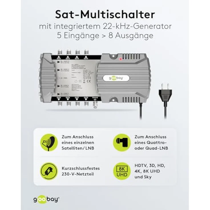 goobay 64874 Sat-Multischalter/Kompakt-Multischalter / 5 Eingänge / 8 Ausgänge / 4K, 8K UHD/DAB+ / für 8 Teilnehmer – Bild 2
