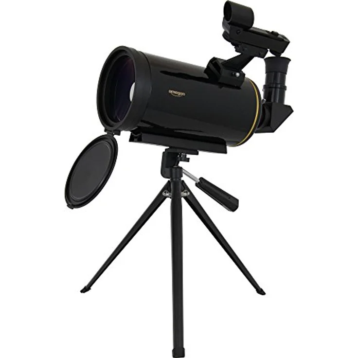 Omegon Maksutov Teleskop MightyMak 90, kompaktes Teleskop mit LED-Sucher und vergüteter Frontlinse, Hochglanz schwarz mit Goldstreifen – Bild 2