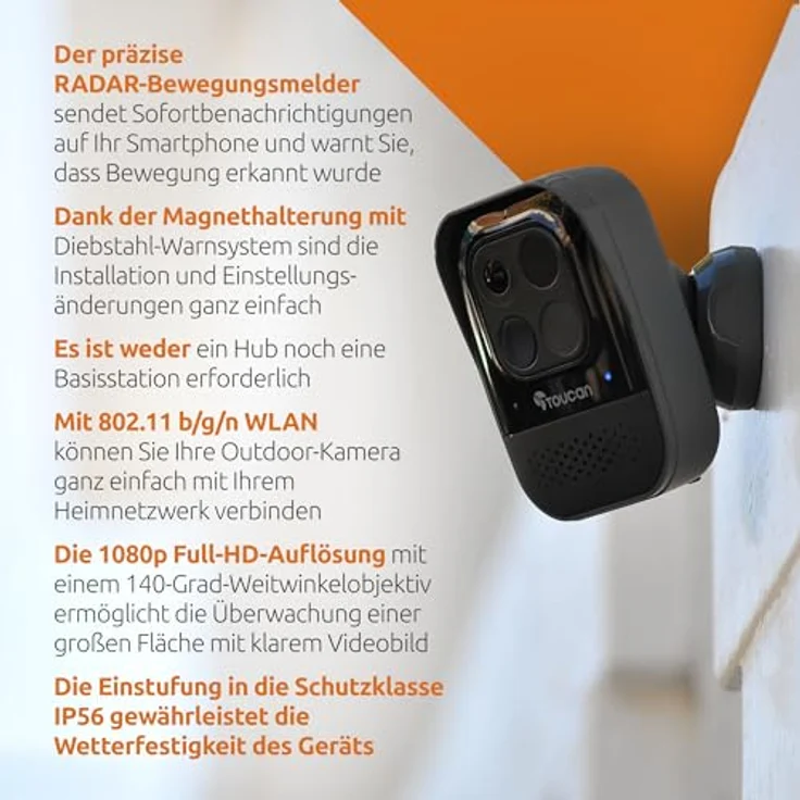 Toucan Wireless Security Camera PRO with Radar Motion Detection, Schwarz, Netzwerkkamera mit 1080p Full HD, 9.750 mAh Akku und 140° Weitwinkelansicht – Bild 7