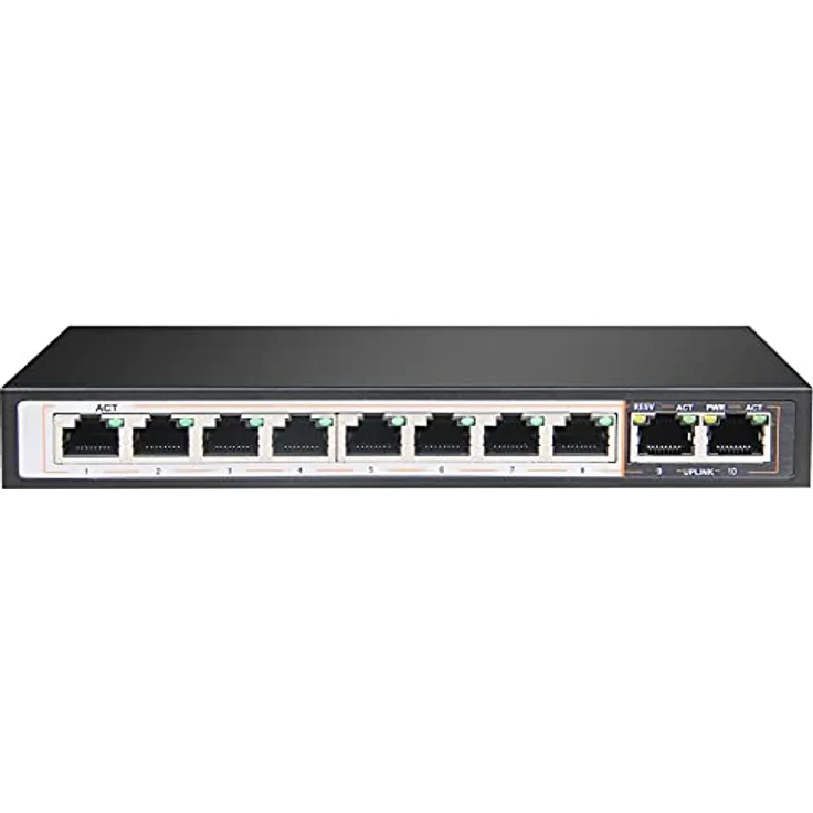 LUPUS - Gigabit PoE Netzwerk-Switch mit 10 Ports, 8X PoE, 2X Uplink, Lüfterlos, Schwarz