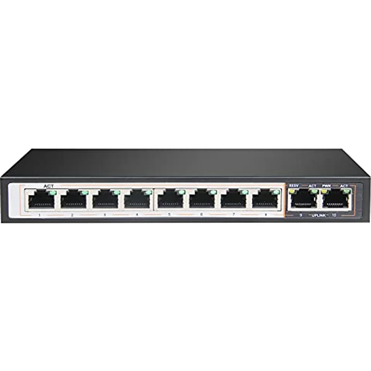 LUPUS - Gigabit PoE Netzwerk-Switch mit 10 Ports, 8X PoE, 2X Uplink, Lüfterlos, Schwarz