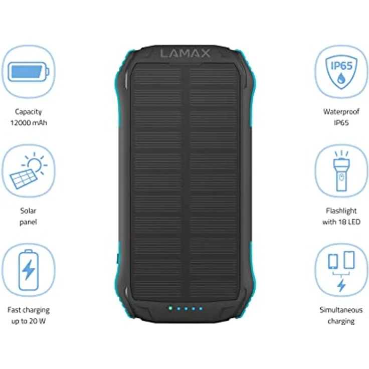 Lamax Journey 12000mAh Outdoor-Powerbank mit Solarmodul und Schnellladefunktion, IP65 Wasserdichtheit, 18 LEDs Lampe, 332g, in schwarz – Bild 3