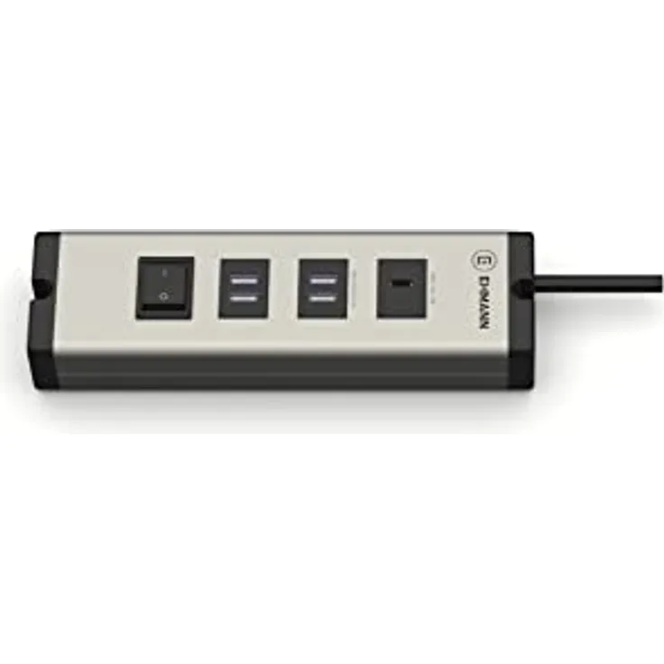 Ehmann 0601x04032031 Universal Aluminium, 5-fach USB Multilader (2x USB-A Doppelports, 1 USB-C Port), 1,5 m Zuleitung, zum Laden von Smartphone, Tablet, usw.