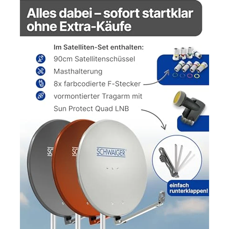 SCHWAIGER 4609 XXL Satelliten-Set, Aluminium Satellitenschüssel 88 x 88 cm mit Quad LNB, 4-Teilnehmer-Anlage, anthrazit – Bild 3