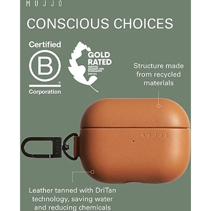 Mujjo Echelon Leather AirPods Pro (1 & 2) Hülle Tan - Hochwertiges pflanzlich gegerbtes Leder, Kabellose Ladekompatibilität – Bild 3