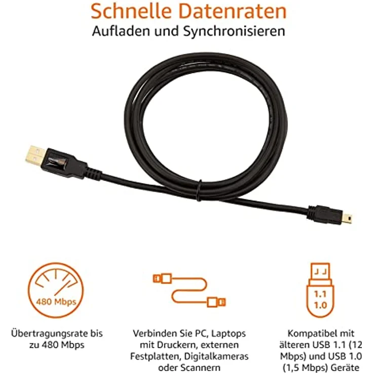 AmazonBasics 7GUK USB 2.0 A-Stecker auf Mini-B-Stecker (1,8 m),Schwarz - Preisvergleich – Bild 3