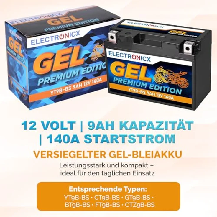 Electronicx GEL-YT9B-BS, GEL Motorradbatterie 9Ah 12V, wartungsfrei, tiefentladungsfest, rüttelfest, auslaufsicher für Motorräder, Roller, Quads und ATVs – Bild 5