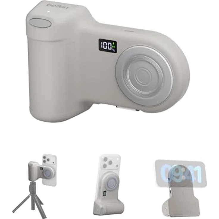 Belkin Stage PowerGrip, Magnetischer Kameragriff mit 9300mAh Powerbank, Bluetooth, Stativaufsatz und einziehbarem USB-C-Kabel, Handyladegerät für iPhone und Pixel – Bild 1