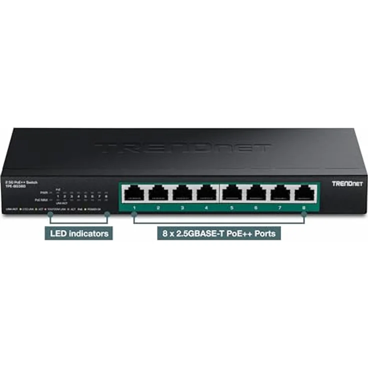 Trendnet 8-Port 2.5G PoE++ Switch, unmanaged Netzwerk Switch mit 230 Watt Gesamtbudget, 40 Gbit/s Switching-Kapazität, Jumbo-Frame-Unterstützung, Schwarz – Bild 8