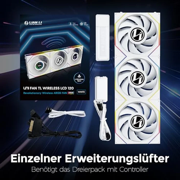 Lian Li UNI FAN TL Wireless LCD Lüfter, ARGB, PWM, 3er-Pack inkl. Controller - 120 mm, weiß – Bild 3