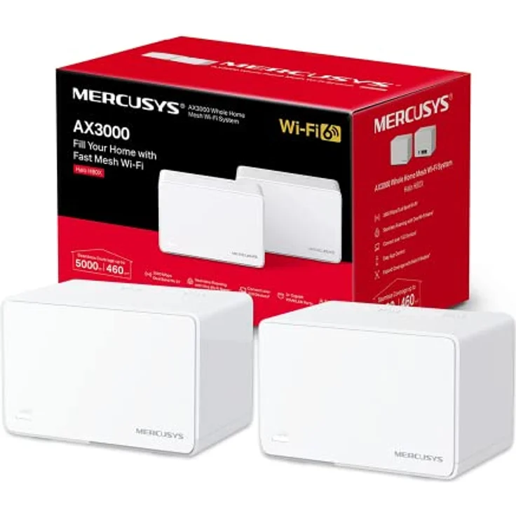 MERCUSYS Halo WiFi 6 Mesh,AX3000,Dualband,Abdeckung bis zu 420 m²,3xGigabit-Port pro Laufwerk,Netzwerkverwaltung,einfache Konfiguration App,WPA3,GIGABIT Anschlüsse,Halo H80x2-PACK MESH – Bild 1