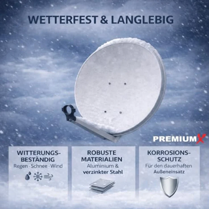 PremiumX Satelliten-Komplettanlage 80cm Aluminium Hellgrau, Twin LNB, Rauscharm, inkl. 4 F-Stecker, HD, 3DTV, 4K UltraHD, für bis zu 2 Teilnehmer – Bild 4