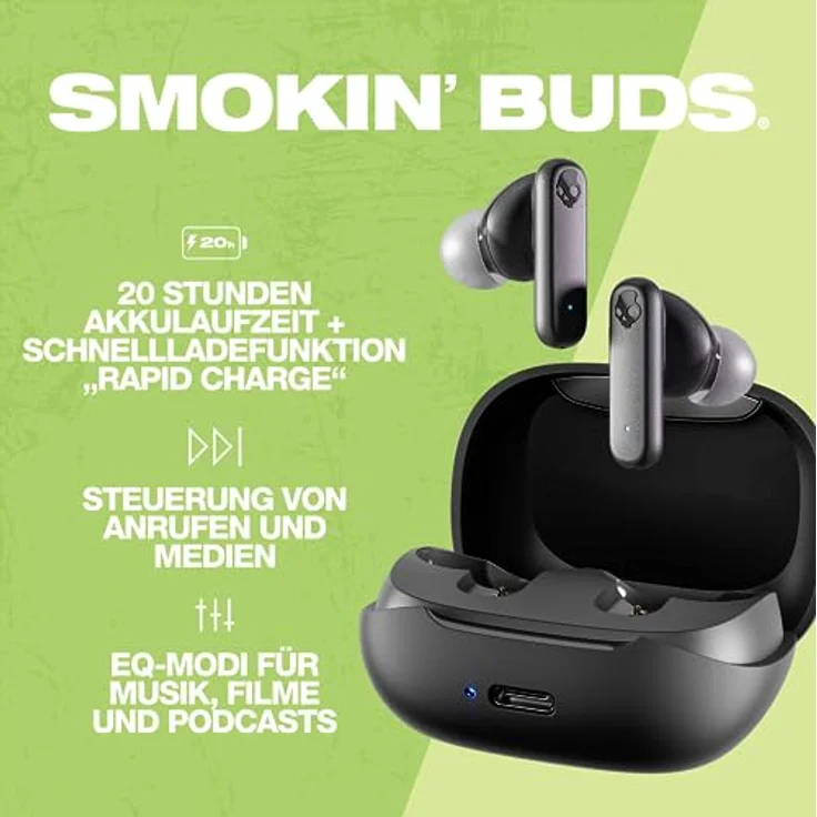 Skullcandy Smokin' Buds In-Ear Wireless-Kopfhörer, 20 Std. Akkulaufzeit, 50% nachhaltiger Kunststoff, Mikro, kompatibel mit iPhone, Android und Bluetooth-Geräten - Schwarz – Bild 2