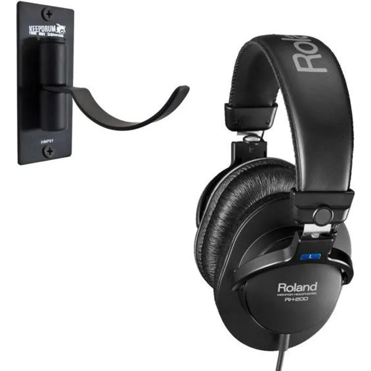 Roland RH-200, Geschlossener Kopfhörer mit 40 mm Neodym-Treibern und linearem Frequenzgang, Schwarz mit Wandhalter