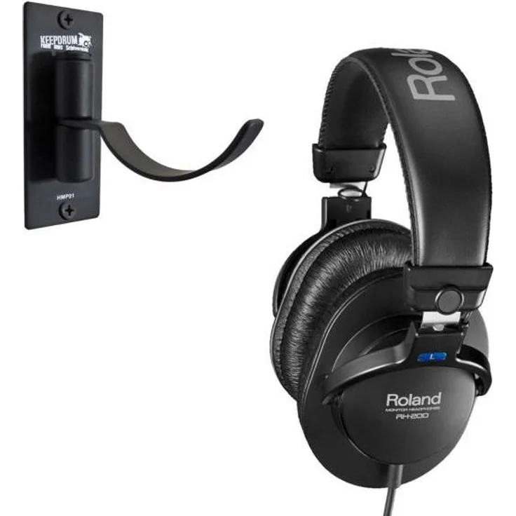 Roland RH-200, Geschlossener Kopfhörer mit 40 mm Neodym-Treibern und linearem Frequenzgang, Schwarz mit Wandhalter