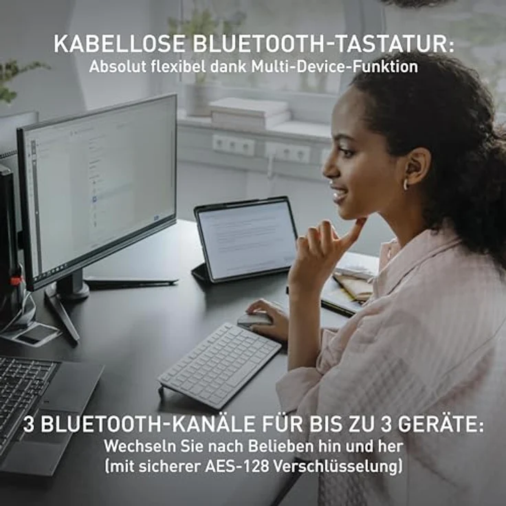CHERRY KW 7100 Mini BT, Kompakte Multi-Device-Tastatur mit 3 Bluetooth®-Kanälen, Schweizer Layout (QWERTZ), Flaches Design, inkl. Transporttasche, Slate Blue – Bild 2