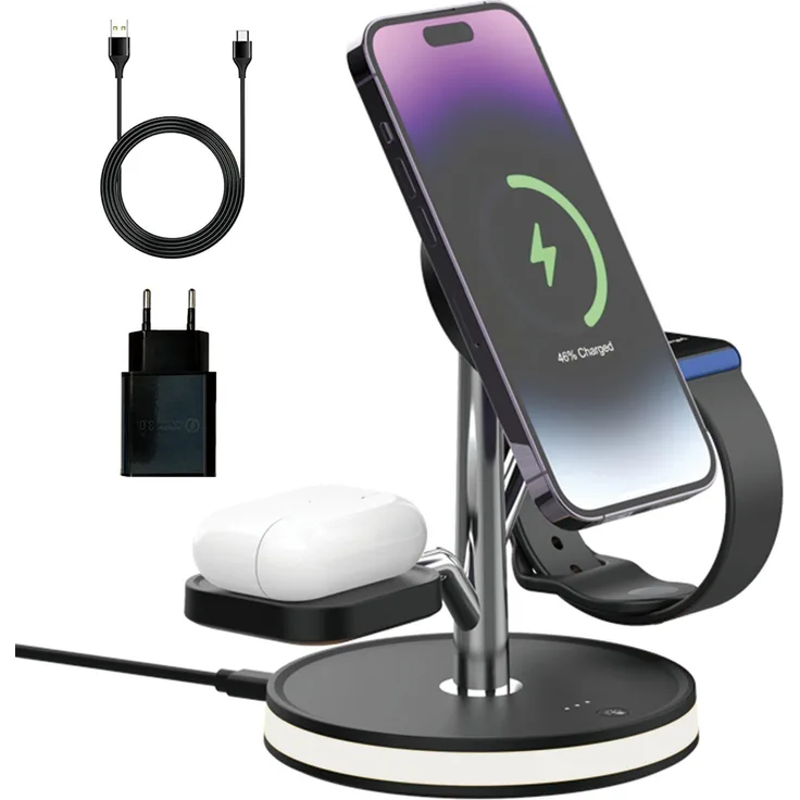 PUCHIKA 4 in 1 Induktive Ladestation für iPhone AirPods Apple Watch MagSafe Wireless Charger (inkl. 18W/QC 3.0 Schnelllade-Adapter und Typ-C-Ladekabel)