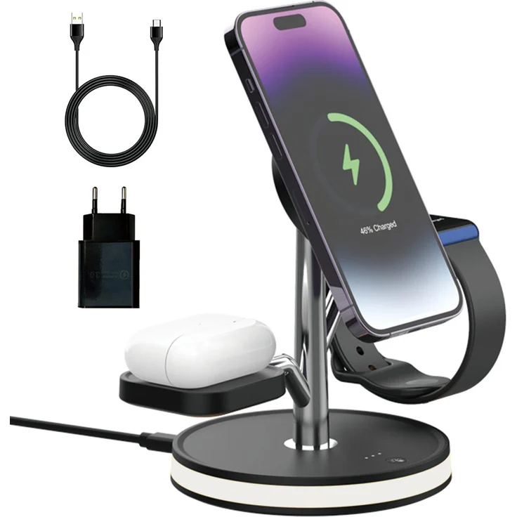 PUCHIKA 4 in 1 Induktive Ladestation für iPhone AirPods Apple Watch MagSafe Wireless Charger (inkl. 18W/QC 3.0 Schnelllade-Adapter und Typ-C-Ladekabel) – Bild 1