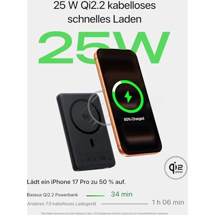 Baseus PicoGo AM52 Powerbank, Qi2.2 Magsafe Powerbank 10000 mAh, 25-W-Wireless-Laden, 45-W-Schnellladen, magnetische externe Batterie für iPhone 17/16 Pro Max, Schwarz – Bild 3