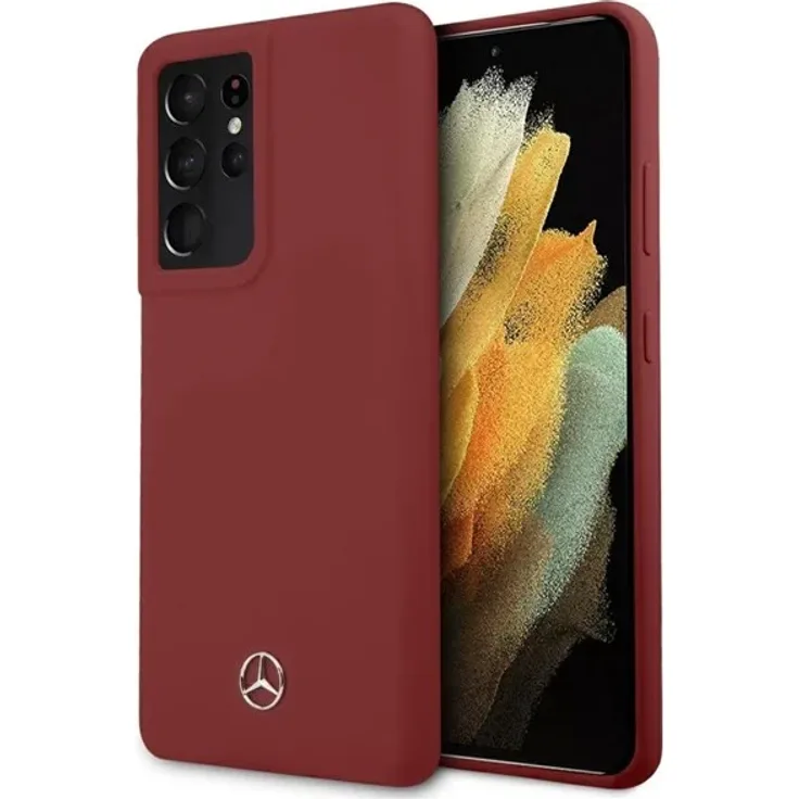 Mercedes Silicone Line Case für Samsung Galaxy S21 Ultra, flexibles TPU-Silikon in Rot mit Mikrofaserpolsterung