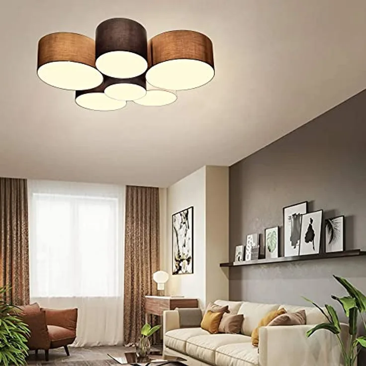 Trango 6-flg. 3143-8W Stoffschirm Deckenlampe in Ø 24, 26, 28, 32, 35 & 37cm *EMA* Farbe Weiß, Braun, Grau mit 6x 8 Watt 3000K warmweiß E27 LED Leuchtmittel