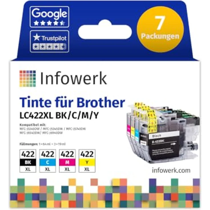 Infowerk Tintenpatrone LC422XL, 7-tlg. Set in Schwarz, Cyan, Magenta und Gelb, hohe Seitenleistung, kompatibel mit Brother Druckern – Bild 1
