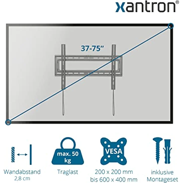 Xantron® STRONGLINE-42 Fernseher Wandhalterung für 37-75 Zoll, VESA 200x200 bis 600x400, max. 50kg, flach mit nur 2.8cm Wandabstand, inkl. Montagematerial – Bild 2