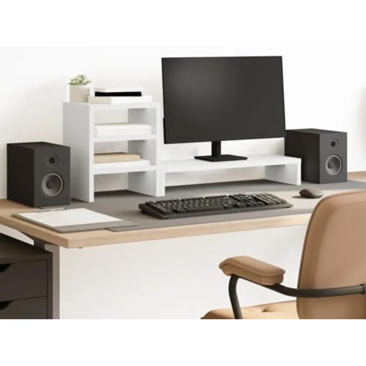vidaXL Monitorständer, Schreibtischaufsatz mit Schreibtisch-Organizer, Unterbau Bildschirm Laptop Ständer, Tisch Erhöhung für PC Monitor Drucker, Weiß Holzwerkstoff – Bild 2