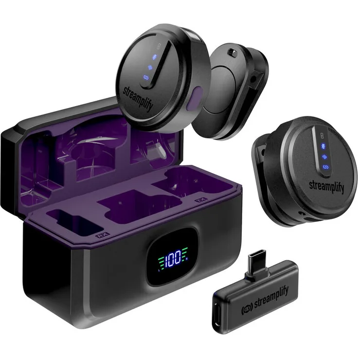 streamplify MIC GO, kabelloses Mikrofon-Set mit Rauschunterdrückung und Ladecase, 21 Stunden Laufzeit, USB-C-Dongles für iOS, Android und PC, umfangreiches Zubehör