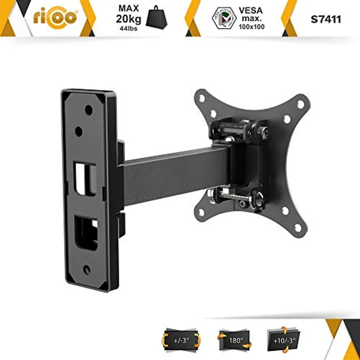 RICOO PC Monitor Wandhalterung Schwenkbar Neigbar für 13-27 Zoll, Halterung Wand S7411, Monitorhalterung, Bildschirmhalterung, Bildschirm Wandhalterung Monitor 24 Zoll, VESA 75 x 75, 100x100 mm – Bild 2