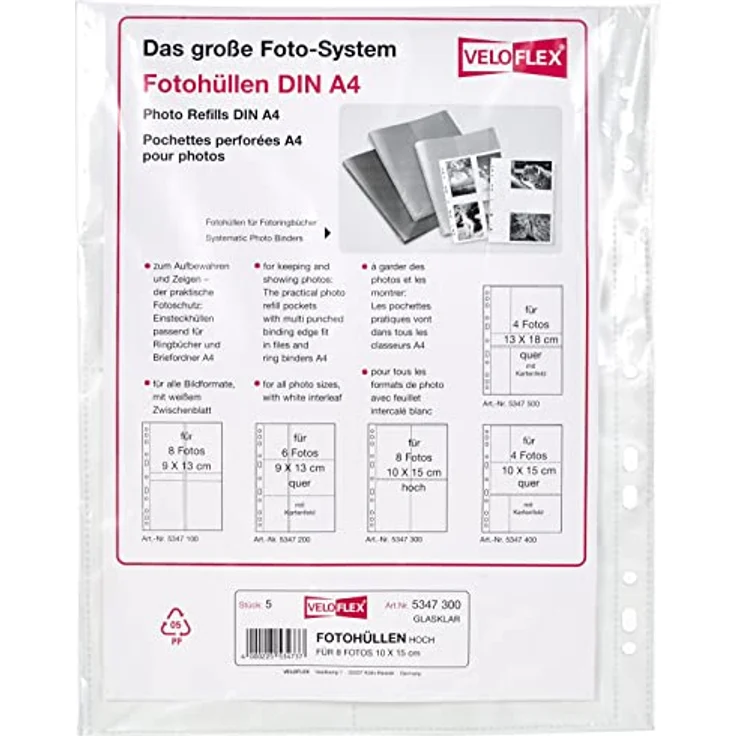 VELOFLEX Fotoalbum VeloflexFotohüllen, 5er Pack für 10x15 cm Fotos, glasklar, seitlicher Heftrand, Euro-Lochung – Bild 2