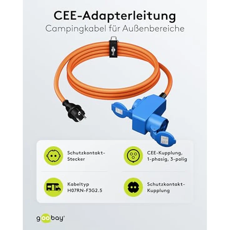 Goobay Camping Adapterleitung 1,5 m, orange, Schukostecker, IP44, öl- und UV-beständig, 2 CEE-Buchsen – Bild 2