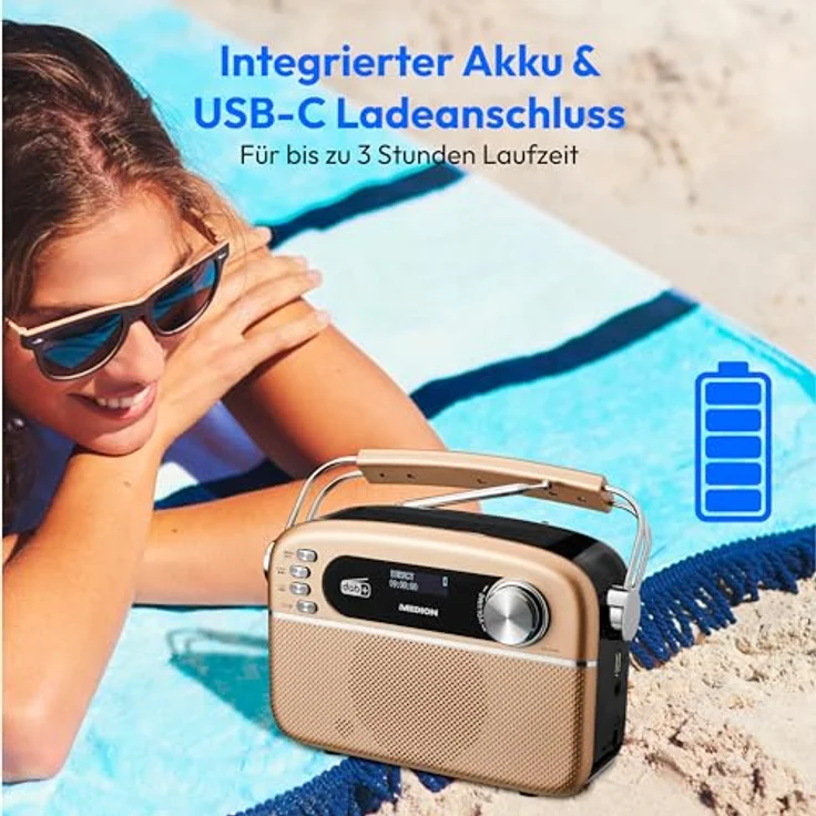 MEDION E66809 DAB Plus tragbares Solar Radio (Retro Design, Bluetooth, DAB+ UKW, integrierter Akku, USB Anschluss, AUX, Sleeptimer, Teleskopantenne) Kupfer – Bild 5