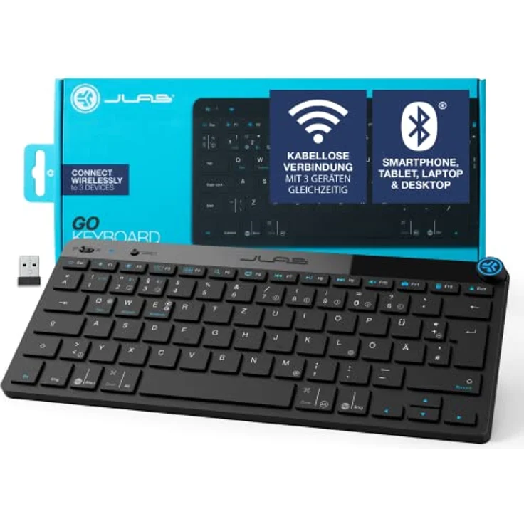 JLab Go Kabellose Tastatur - Bluetooth mit 2,4 GHz Funk, USB-Dongle, Leise Klein, QWERTZ-Layout, Multi-Device Mini Wireless Keyboard, für PC/Mac/iPad/Tablet/Computer/Laptop – Bild 1