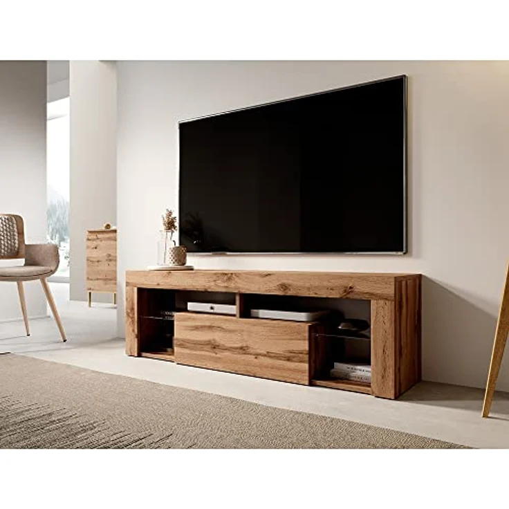 Selsey BIANKO – TV-Lowboard/Fernsehschrank Stehend Holzoptik Eiche Lancaster mit Klapptür 140 cm (ohne LED, Holzoptik Eiche Lancaster) – Bild 3