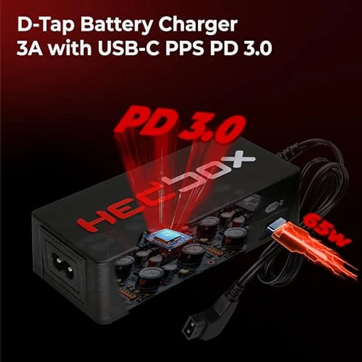 HEDBOX HED-DC10 Schnellladegerät, 16,8V/3A, mit 1m D-Tap-Kabel für V-Mount- und Gold-Mount-Akkus, Typ-C-Ladeanschluss PD 65W, zweifarbige IDL-Anzeige – Bild 2
