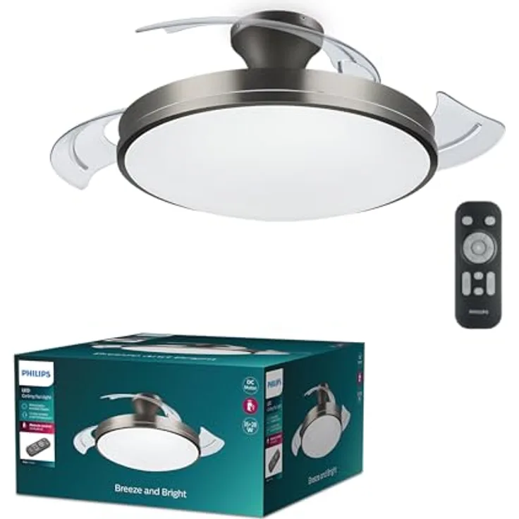 Philips Atlas LED Deckenleuchte Ventilator 28W+35W, 2700-5500K, Nickel, Smarte Deckenbeleuchtung mit verschiedenen Ventilationsstufen