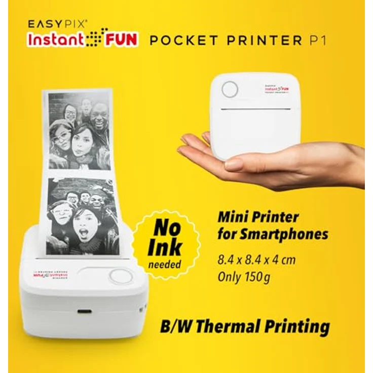 Easypix EASYPIX® InstantFUN Pocket Printer P1, tragbarer Sofortbild-Drucker mit Tintenlosem Schwarz-Weiß-Druck, inkl. Nachfüllpapier für Fotos und Text – Bild 3