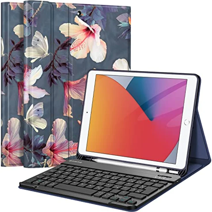 Fintie Tastatur Hülle für iPad 10.2 Zoll (9/8/7 Generation - 2021/2020/2019), Schutzhülle mit TPU Rückschale, abnehmbarer Bluetooth Tastatur mit QWERTZ Layout und Pencil Halter, Hibiskus – Bild 1