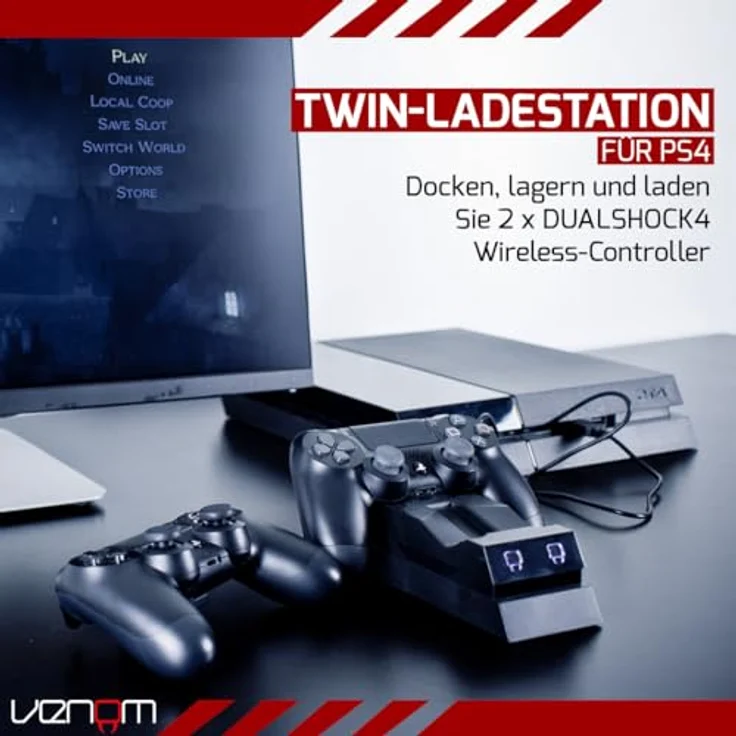 Venom Twin Docking Station, lädt zwei Dualshock 4 Controller gleichzeitig ohne Kabel, mit LED Anzeige - Playstation 4 – Bild 3