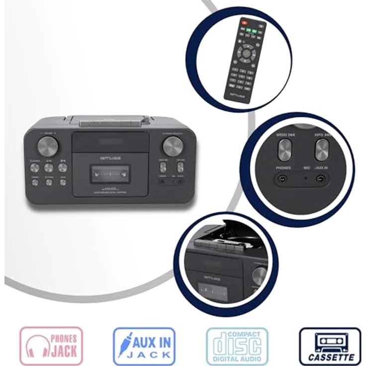 MUSE Tragbares DAB+ Radio mit Bluetooth CD-Player, Kassettenspieler, UKW, Kopfhörer-Eingang, AUX-In, LCD Display, Musik-Streaming, Schwarz (M-182DB) – Bild 4