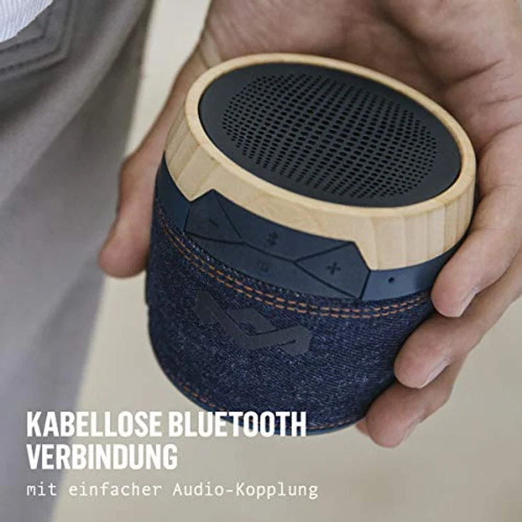 House of Marley Chant Mini, tragbare Bluetooth Lautsprecherbox, spritzwassergeschützt, 6 Std. Akkulaufzeit, integriertes Mikrofon, Karabinerhaken, kabellos verbinden mit iPhone, Samsung etc, denim – Bild 4