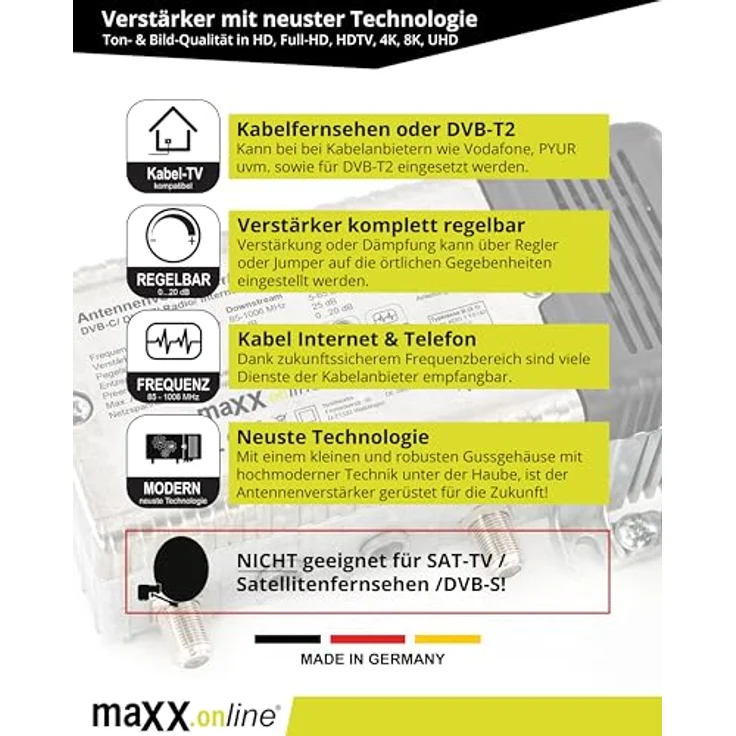 maxx.onLine Antennenverstärker für Kabelfernsehen 33 dB Verstärkung mit Rückkanal 1 GHz, DVB-T2, Hausanschlussverstärker DVB-C, Hausverstärker, Kabel Verstärker in Schwarz – Bild 2