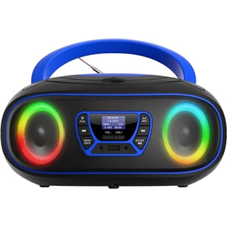 Denver TDB-212 DAB+ Boombox | Retro-Design mit Bluetooth, USB, CD-Player und AUX-Anschluss | Digitalradio DAB+/FM mit LCD-Display und MP3-Wiedergabe | Lichteffekten (Blau) – Bild 2