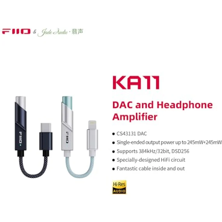 FiiO KA11 USB-Dongle DAC und Amp, HiFi-Kopfhörer-Verstärker mit 32 Bit/384 kHz, USB-C, Schwarz – Bild 2