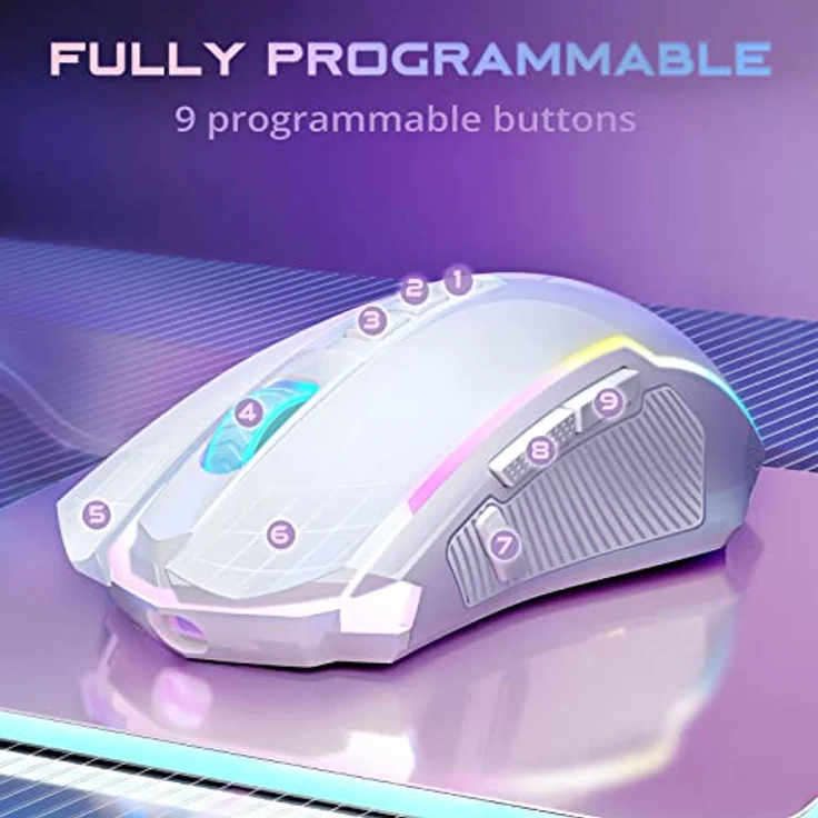 Redragon RGB Gaming Maus, kabellose Wiederaufladbare mit 8000 DPI, 9 programmierbaren Tasten, ergonomisches Design, Weiß – Bild 3