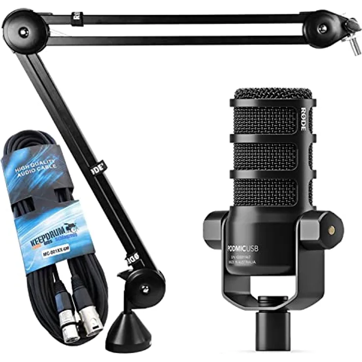 Rode Podmic USB XLR Mikrofon + PSA-1 Gelenkarm-Stativ + keepdrum XLR Kabel