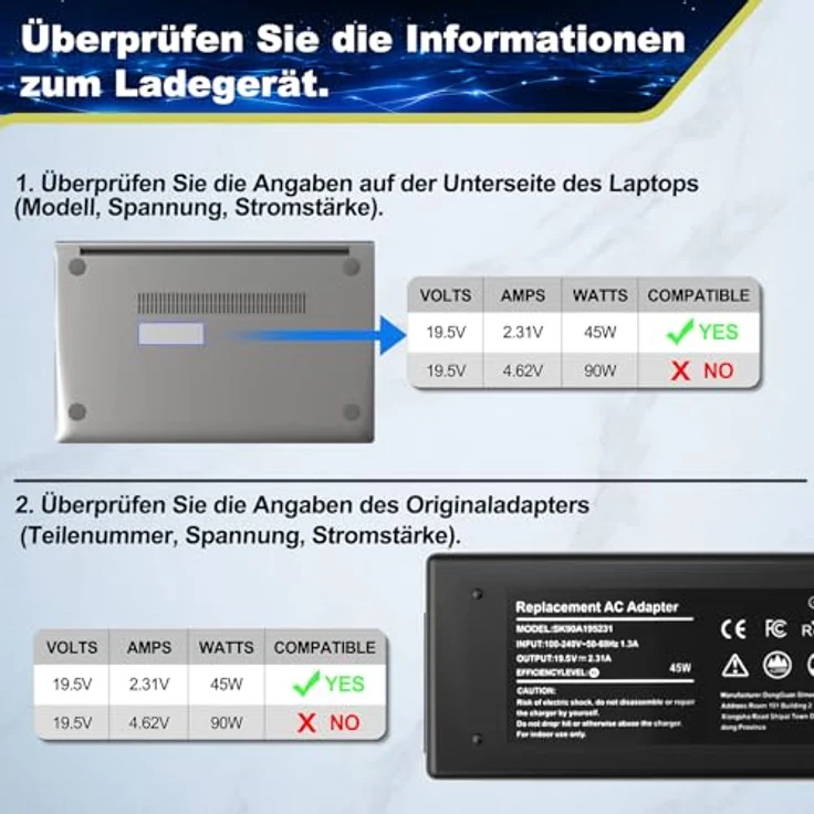 SMMKOXOI Laptop Ladekabel HP 45W Netzteil, 19,5 V 2,31 A (4,5 * 3,0 mm) mit 3m Netzkabel, kompatibel mit HP Pavilion, Elitebook und ProBook – Bild 3
