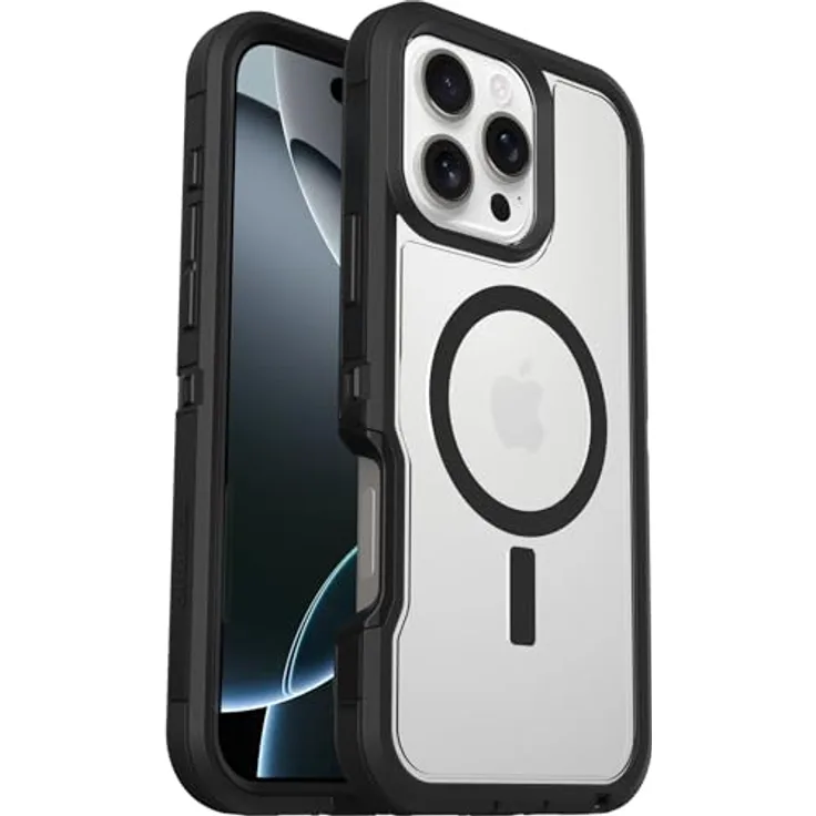 OtterBox Defender Series XT MagSafe Hülle für iPhone 16 Pro Max, stoßfest, Ultra-robust, schützende Hülle, 7X getestet nach Militärstandard, Transparent/Schwarz